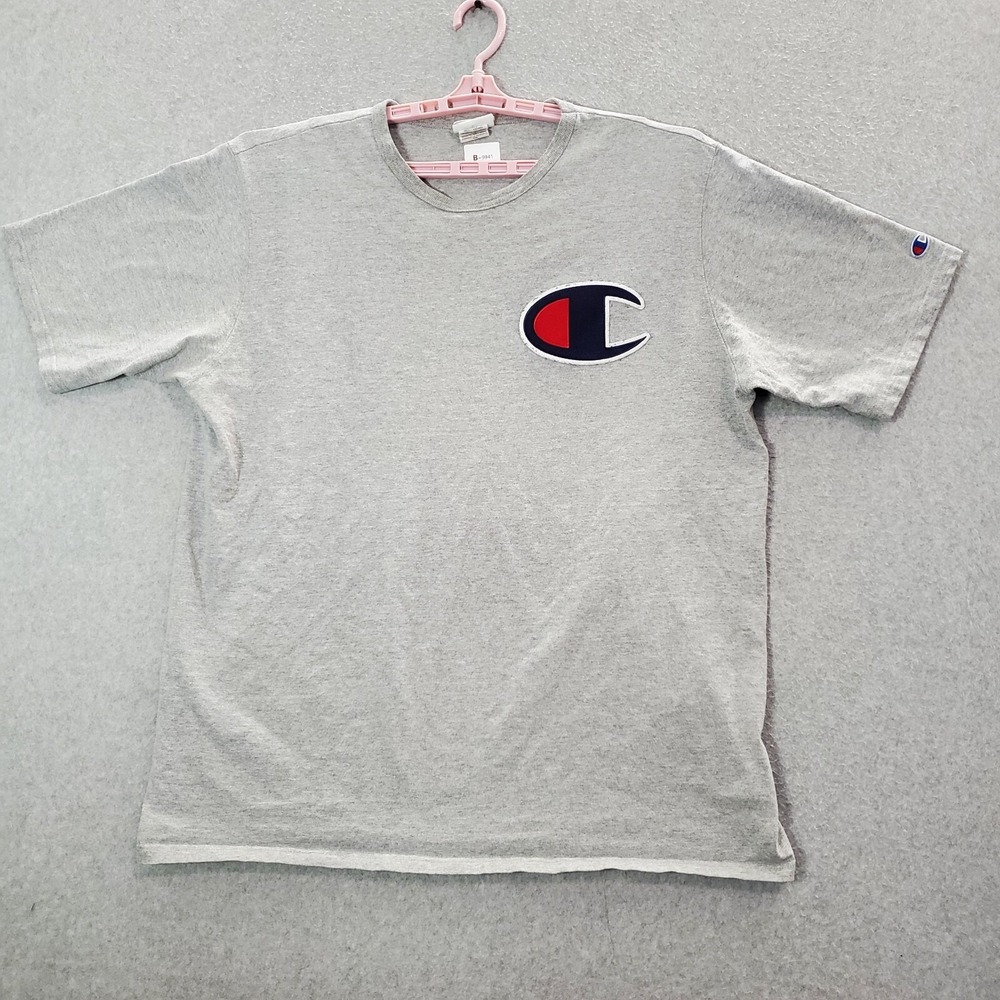 VINTAGE Champion Men Shirt 2XL Gray Big Logo Embroidered Short Sleeve Tee READ